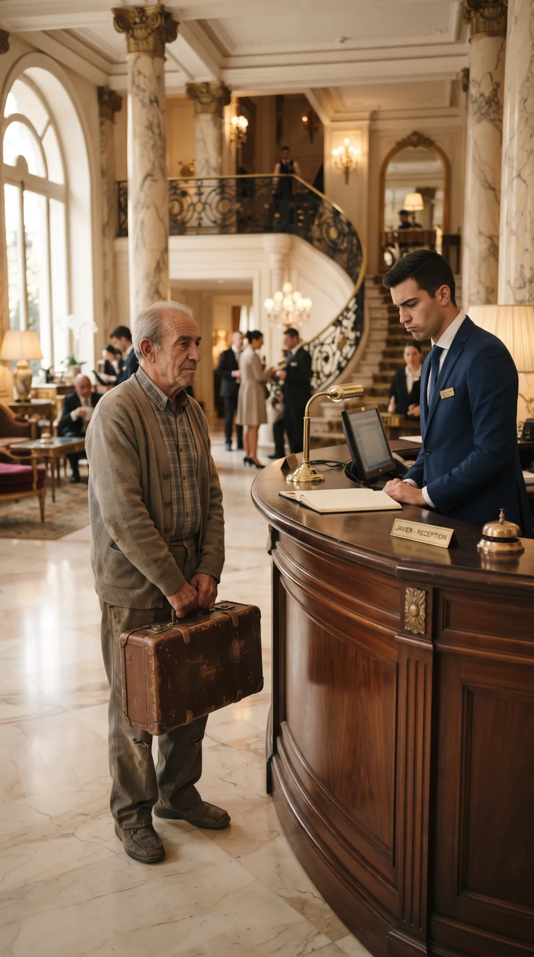 El anciano humillado en el lobby escondía un secreto que hizo temblar al hotel entero